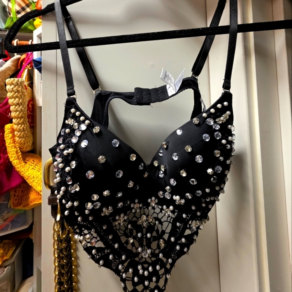 Black Beaded Bra with Silver Accents